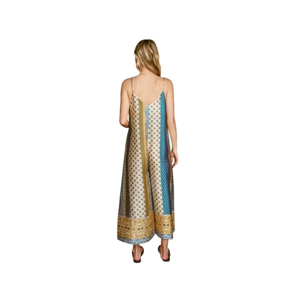 Wide Leg Silky Satin Boho Patchwork Palazzo Jumpsuit L Hippie Festival Gypsy - Picture 5 of 16